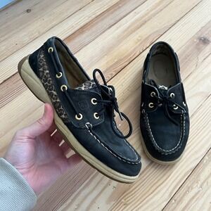 Sperry Top-Sider Angfish Black Leather Leopard Glitter Boat Shoes loafers 6.5